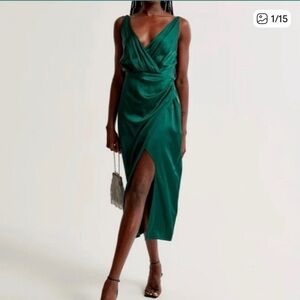 NWT Abercrombie & Fitch Womens Green Satin Draped Wrap Midi Sleeveless Dress